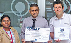 Left to right: Thershen Govender’s lecturer, Dr. Chitra Venugopal; Thershen Govender; Dane du Plooy, owner of Dizzy Enterprises which represents Labcenter Electronics in South Africa.